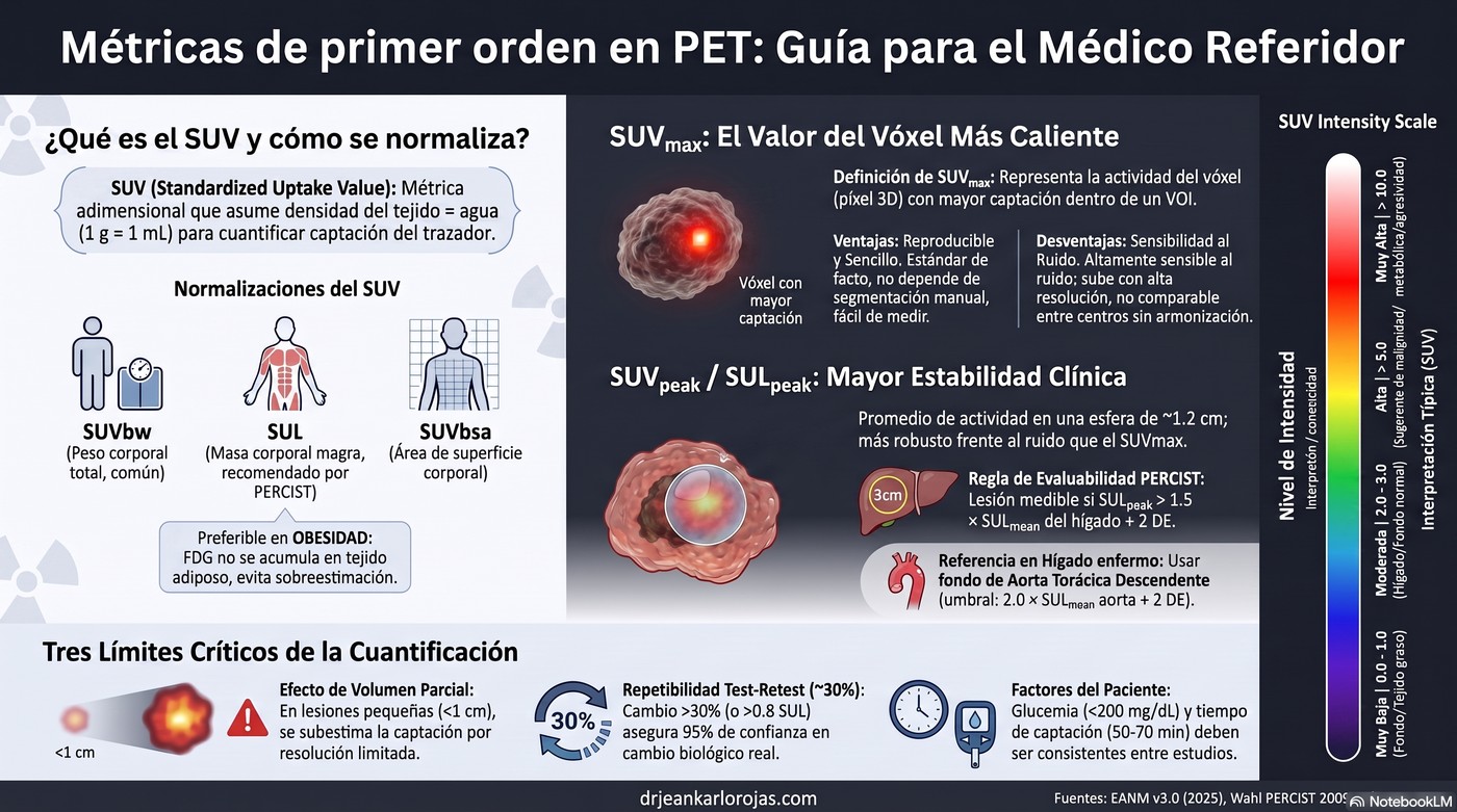 Infografía: métricas de primer orden en PET (SUVmax, SUVpeak y SUL)