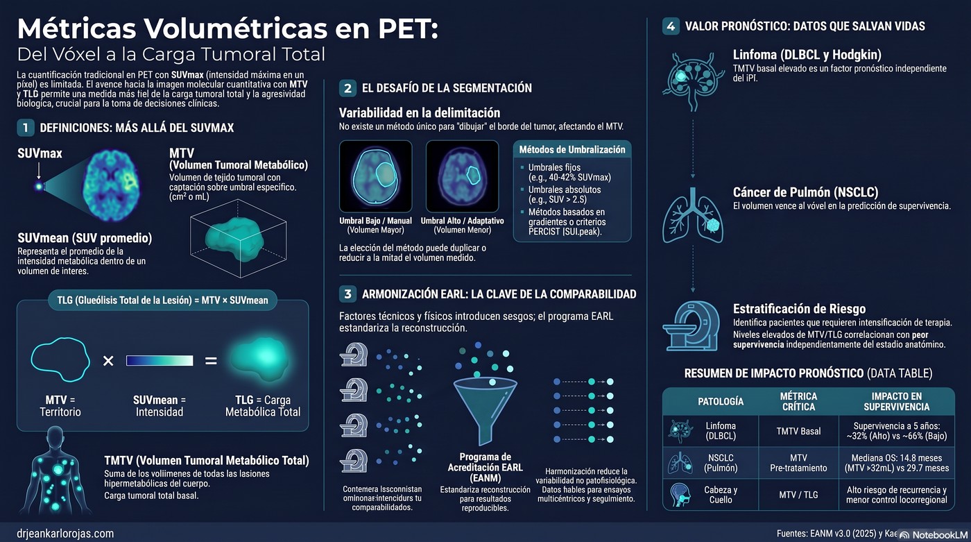 Infografía: métricas volumétricas en PET — SUVmean, MTV y TLG